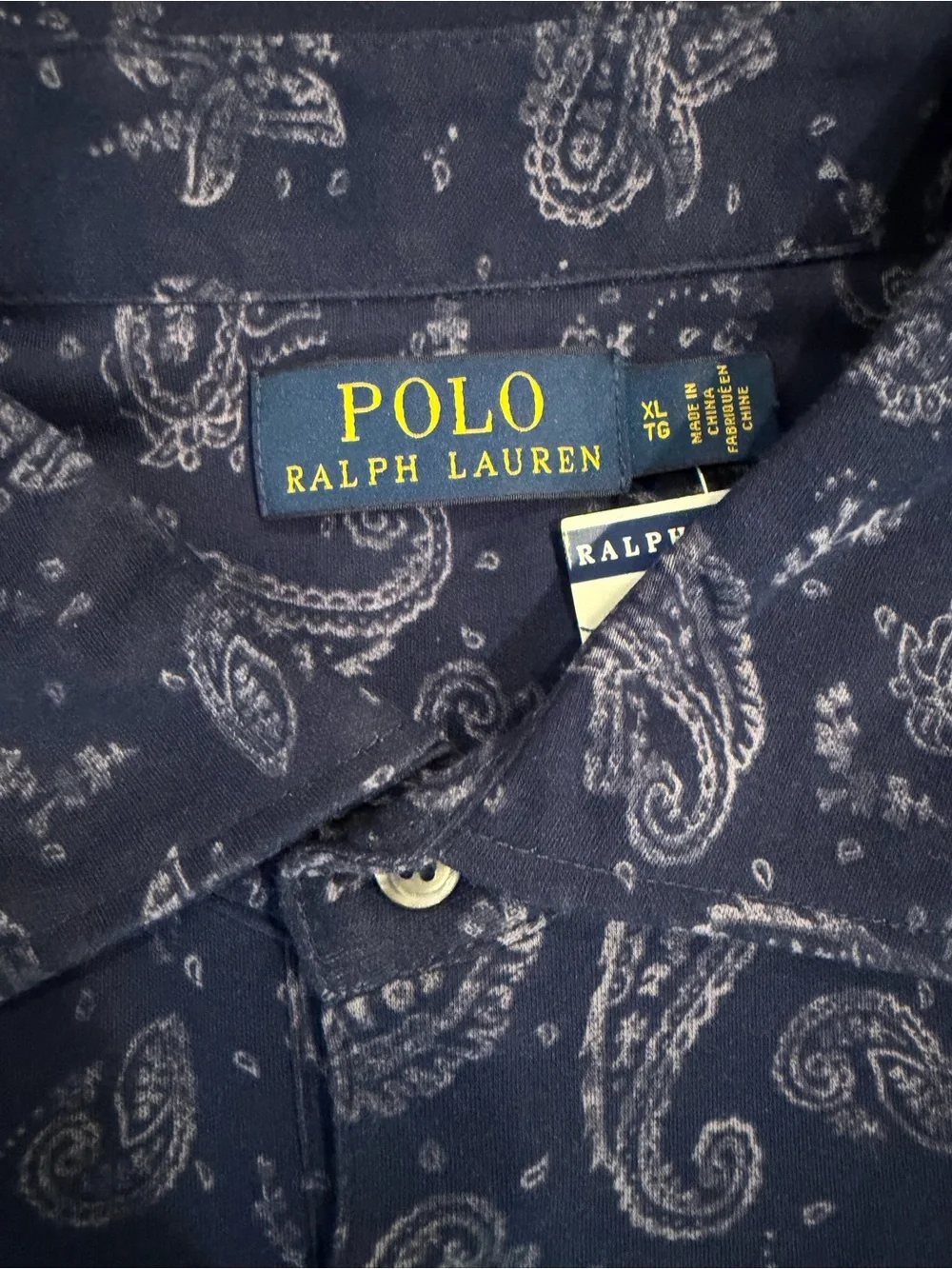 NWT POLO Ralph Lauren Navy Paisley Polo Shirt, size XL, 100% cotton